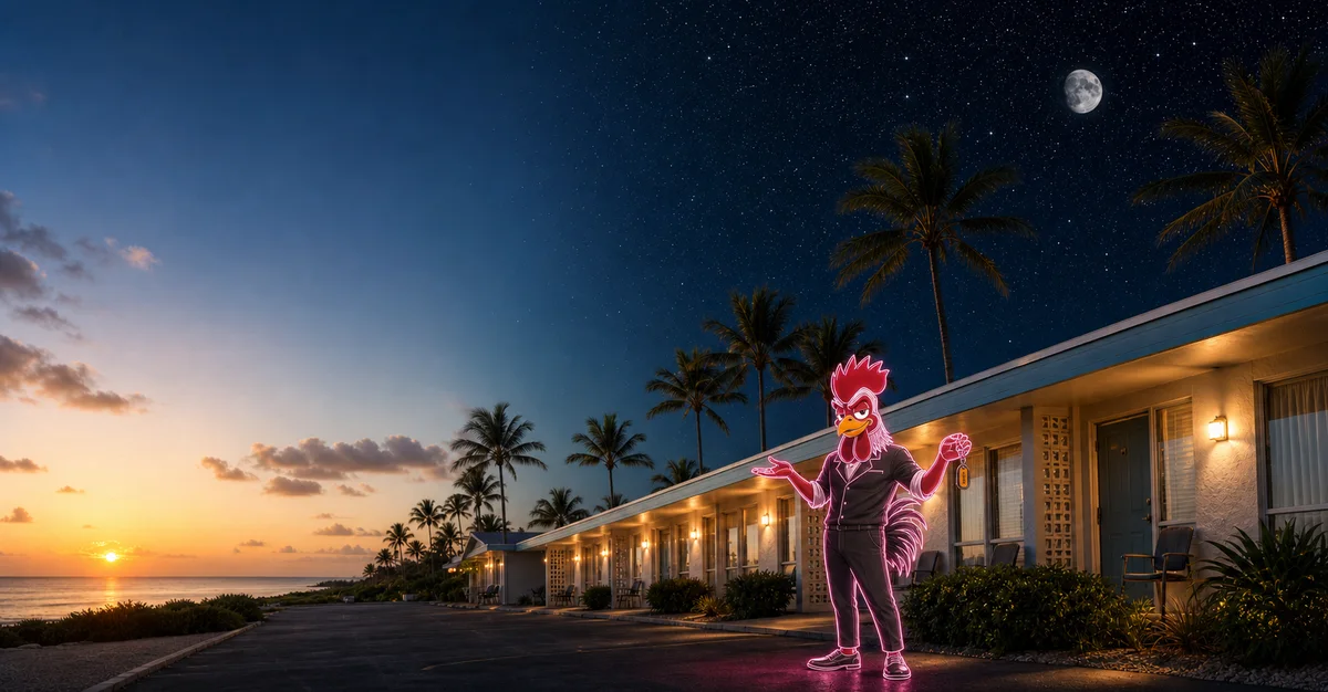 Gallus, the STRUT rooster concierge, holding a motel room key at a coastal independent motel